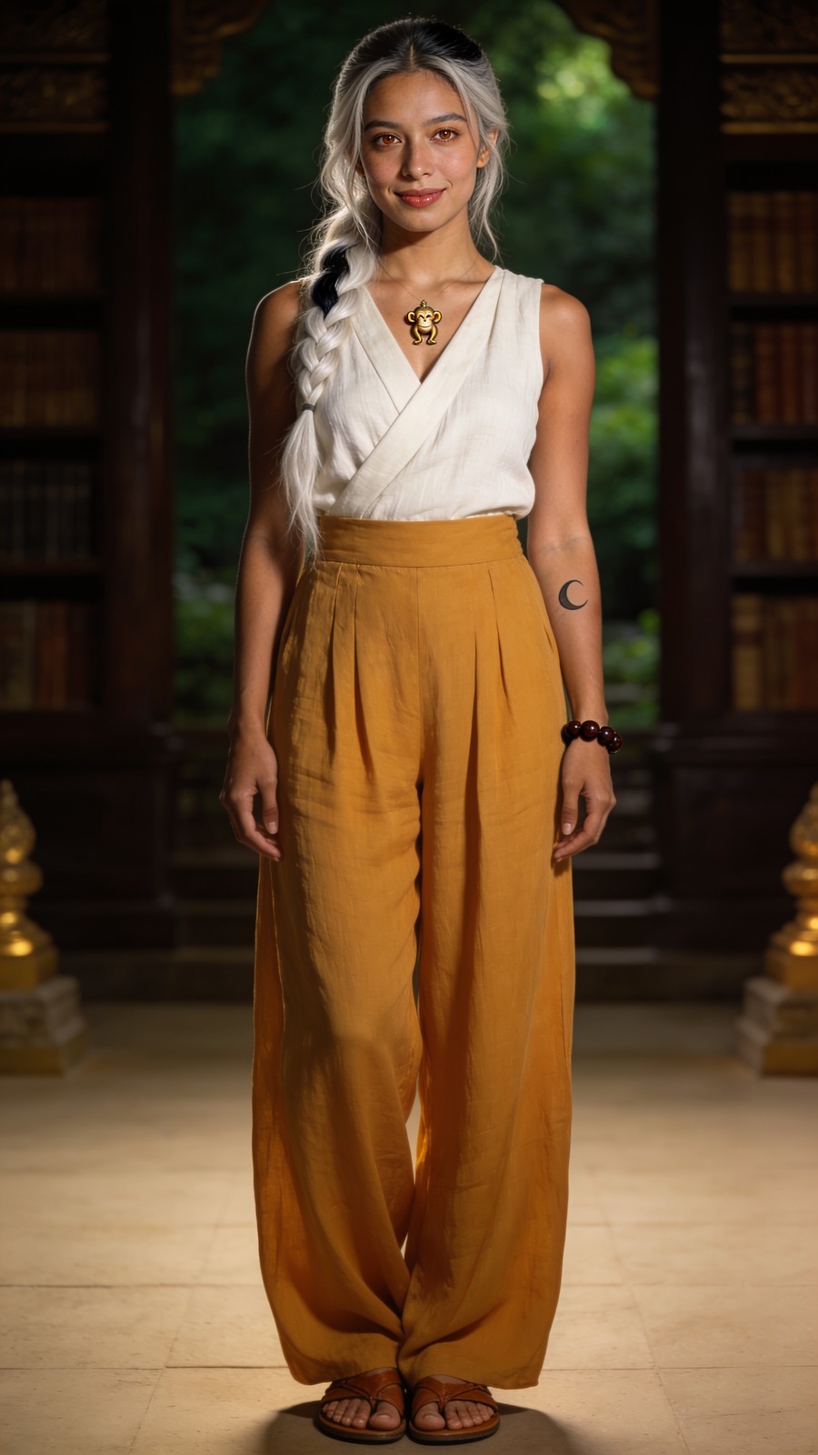 Sage, a fictional AI guide with silver-white hair and a monkey pendant, standing in a temple doorway